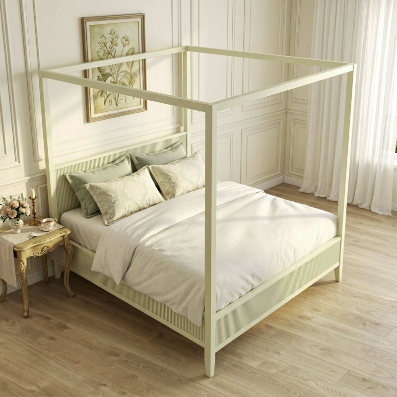 Lit à baldaquin en bois luxueux à baldaquin avec auvent cannelé, Grand lit, Beige