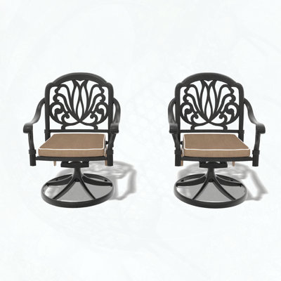 Cast Aluminum Patio Swivel Chairs with Brown Cushions, Set of 2