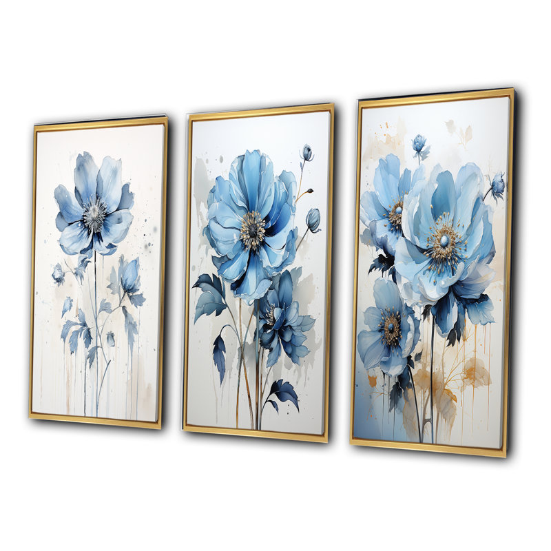 «Blue Minimalisme Poppy Flower» 3 - pièces sur toile, H 40 po x l 60 po, Encadrement doré