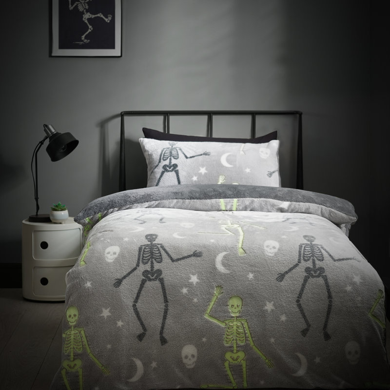 Skeleton Fleece Glow in the Dark Duvet Cover Set, Single Cover + 1 Standard Pillowcase