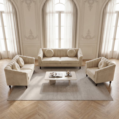 White Flannel 3-Piece Living Room Sofa Set，Solid Wood Frame High-Density Memory Foam