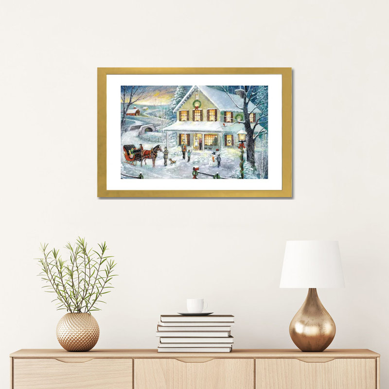 «Christmas visite» par Ruane Manning - reproduction d'art, H 16 po x l 24 po x P 1 po, Papier encadré doré, Blanc