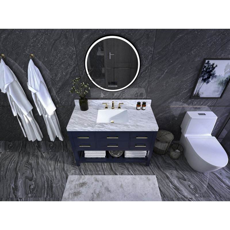 Elizabeth 48'' W Single Vanity, Carrara White Marble, Heritage Blue/Brushed Gold
