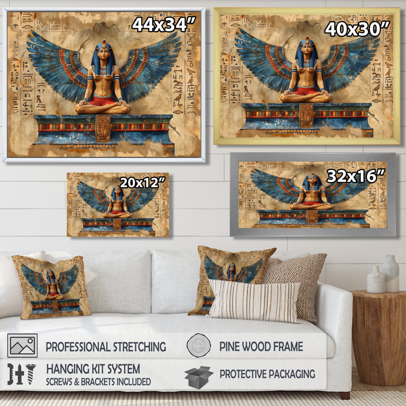 Bleu et beige déesse égyptienne I - Égypte, art mural, H 30 po x l 40 po x P 1,5 po, Toile encadrée noire simple