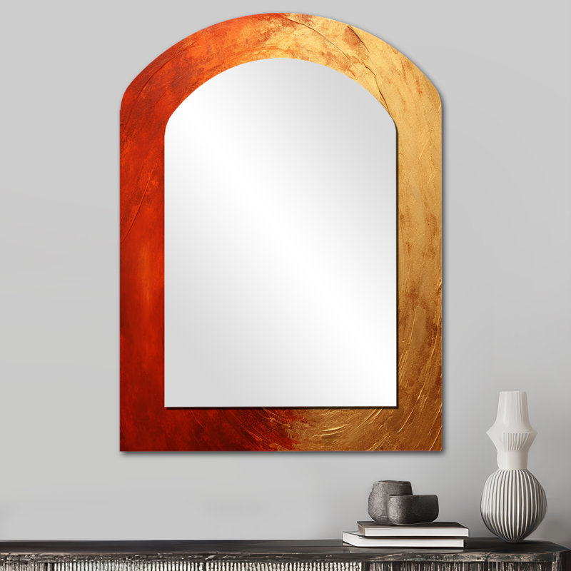 Or rouge vermillon coucher de soleil en spirale - abstrait abstrait en spirale, miroir asymétrique, 34 po x 25 po