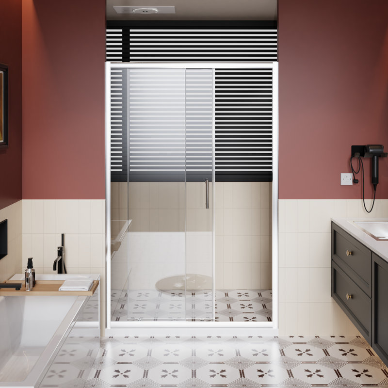 Single Sliding Shower Door, 1/5 Inch Thick Clear Tempered Glass Shower Door With Stainless Steel Handle, Chrome, Chrome