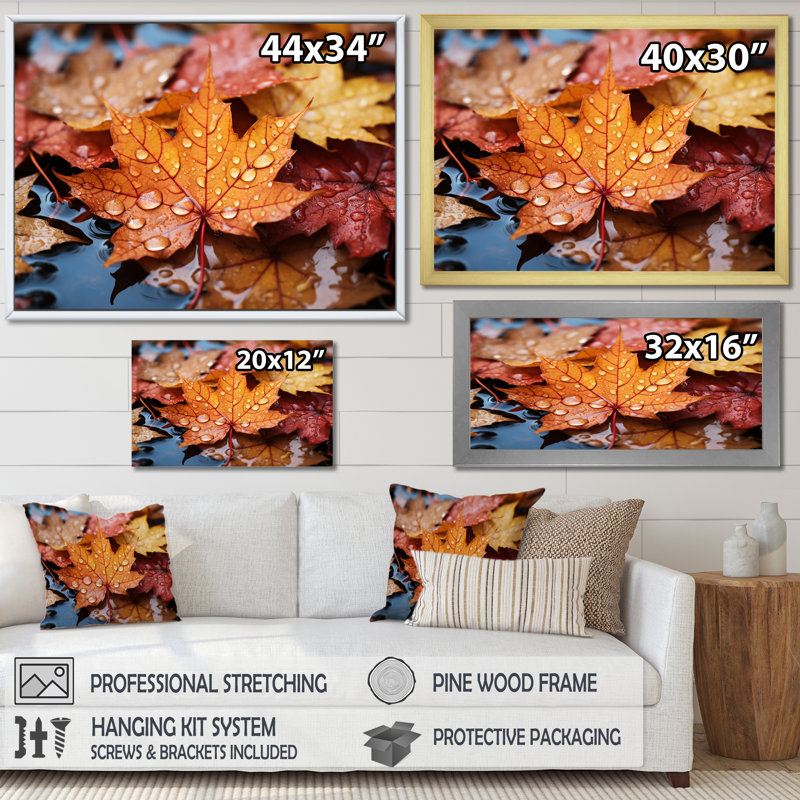 Jaune et orange, feuilles d'érable d'automne II - érable, art mural, Cadre de coin argenté fermé