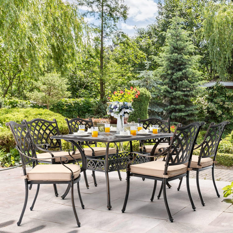 ?? ?????????? Outdoor Dining Set Cast Aluminum Retro Patio Dining Set For 6 Includes 59” Rectangular Table And 6 Chairs With Thicker Cushion And Umbrella Hole For Patio Deck Garden