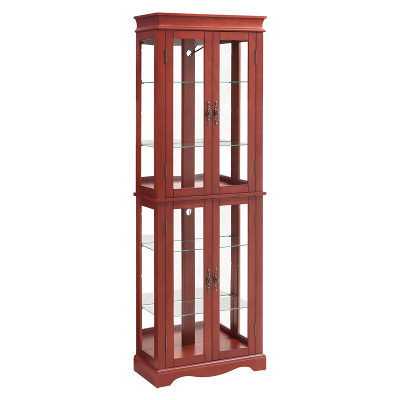 Cherry Finish Display Cabinet With Illuminated Shelves, Adjustable, Movable Partition For Pantry Intricate Function -