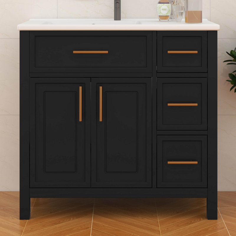 Meuble-lavabo autoportant 36 po avec lavabo 36 po, meuble-lavabo moderne avec deux portes et 3 tiroirs, Noir