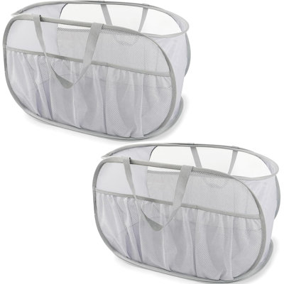 90L Pop-Up Collapsible Laundry Hamper with 6 Pockets, Foldable Steel Frame Storage Basket for Dorm Bedroom Beach Travel