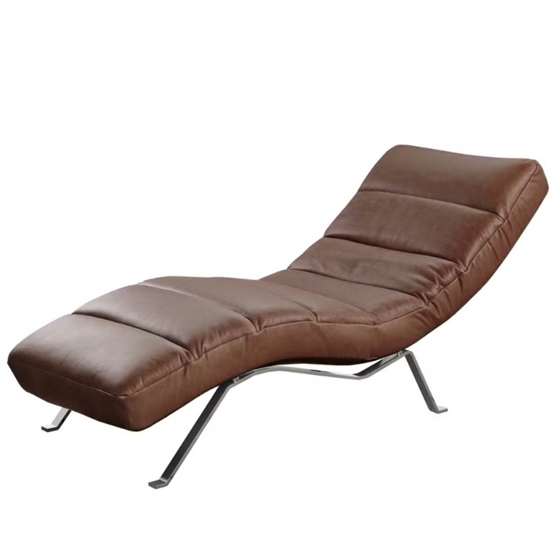 Texas Chaise Lounge in Aniline-Leather with Adjustable Backrest, Brown, Silver