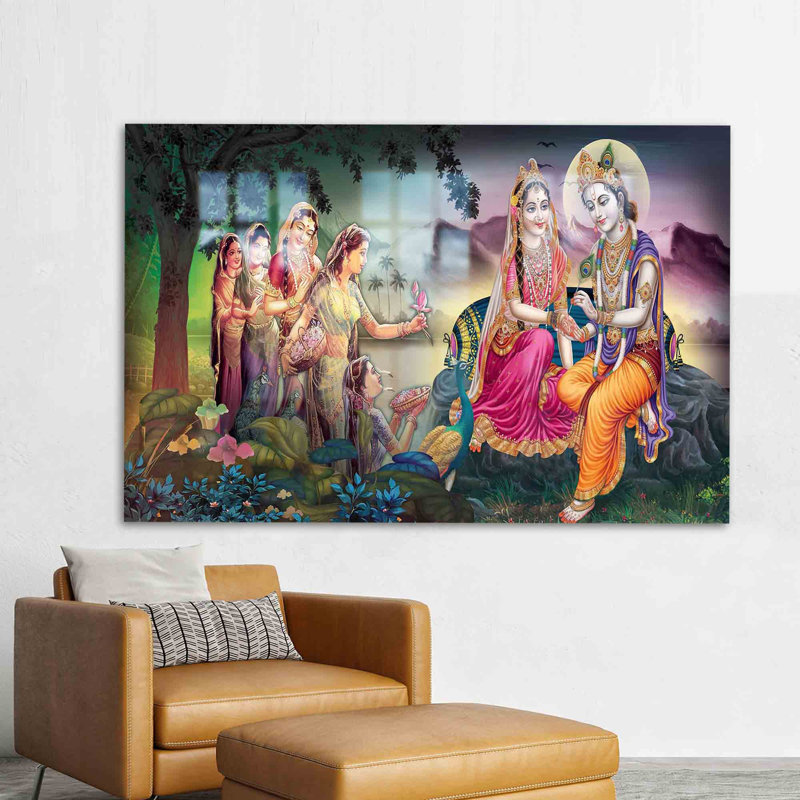Exquise œuvre d'art imprimée sur verre trempé Radha Krishna pour une décoration murale élégante, idéale pour les intérieurs modernes et traditionnels