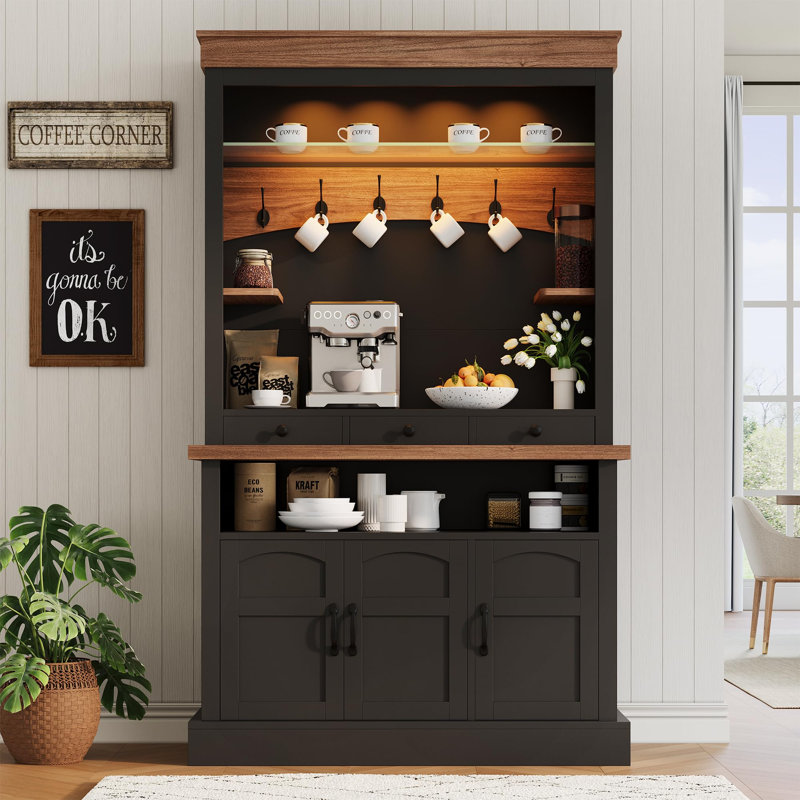 Armoire de bar avec éclairage à DEL, huche de bar de ferme de 72 po de hauteur avec rangement, buffet, Noir