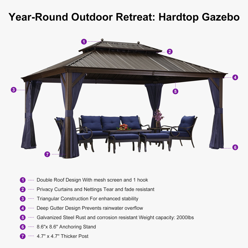 PURPLE LEAF 12' X 16' Hardtop Gazebo Outdoor Metal Roof Sun Shade Tent with Curtains and Netting Patio Canopy Permanent Pavilion