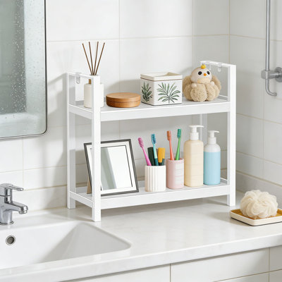Organisateur de comptoir de salle de bain à 2 niveaux avec panier latéral et crochets, tablette de rangement peu encombrante pour meuble-lavabo, évier de cuisine, bureau ou comptoir