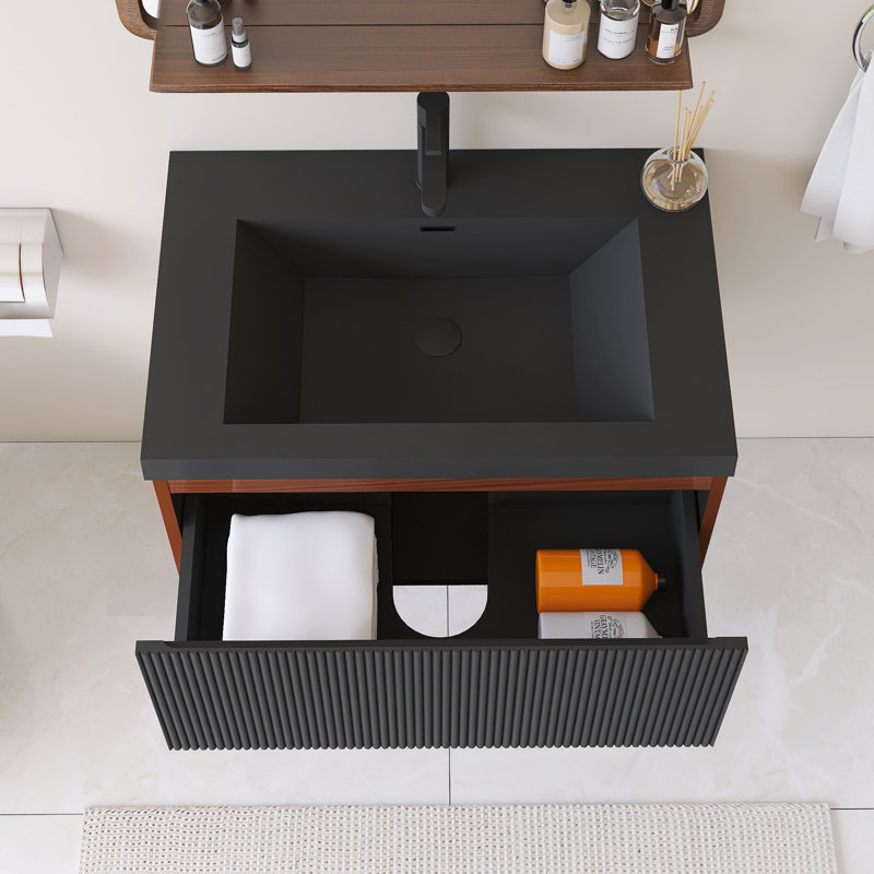 30'' Wall Mounted Single Bathroom Vanity With Black Quartz Sand Basin, 30"