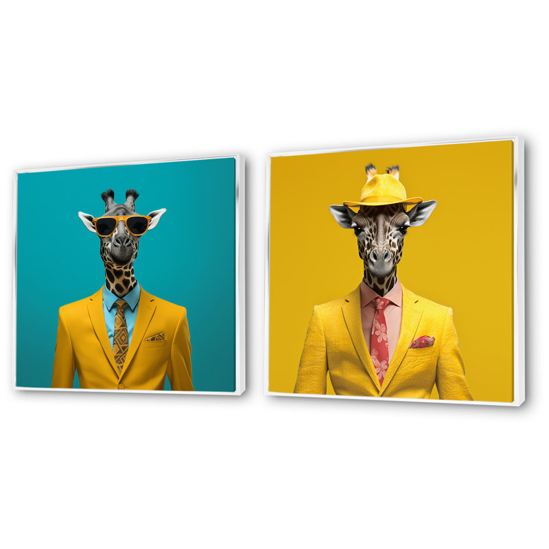 Ensemble de 2 reproductions d'art girafe jaunes, Cadre flottant blanc, H 16 po x l 33 po x P 1 po