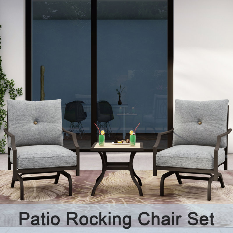 3-Piece Outdoor Patio Rocking Set with Cushioned Chairs and Side Table, Gray
