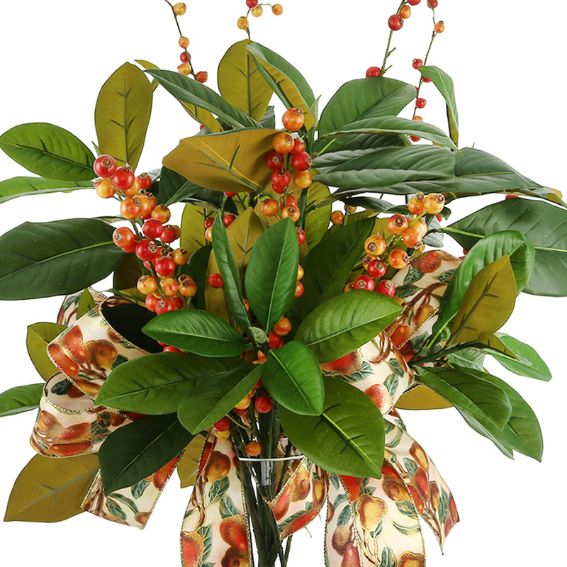 Magnolia Leaf And Berry Holiday Arrangement With Fruit Bows