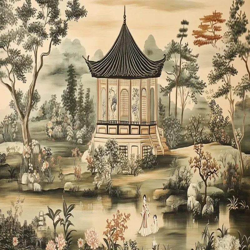 Elegant Oriental Pavilion Landscape Wall Mural, 106" L x 138" W