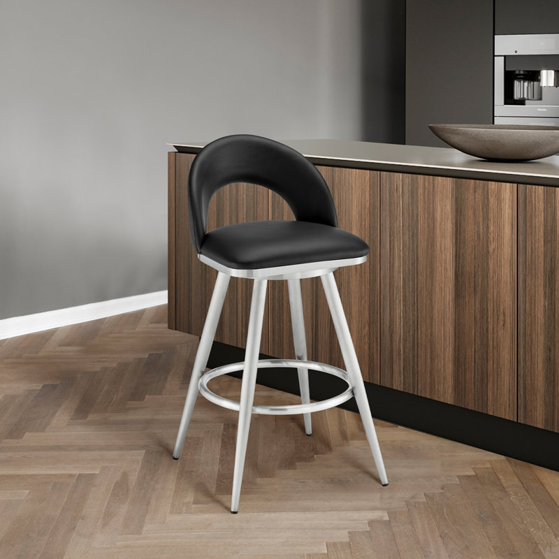 Tabouret tournant 30 "Charlotte en acier inoxydable brossé avec similicuir noir, Acier inoxydable brossé, Noir