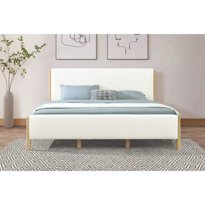 Lit tapissier Boucle avec pieds en bois d'hévéa, très grand