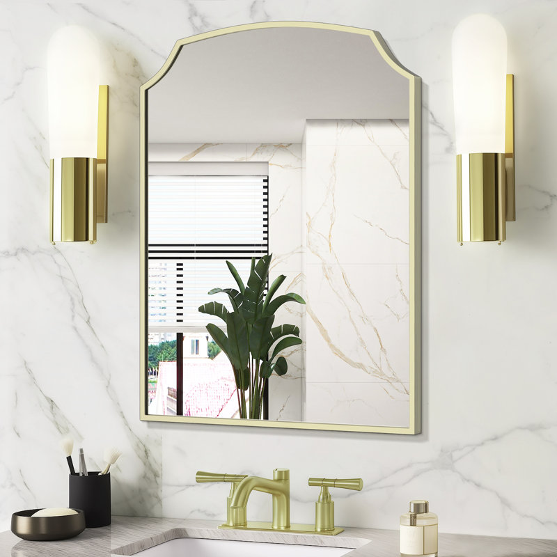 Iron Framed Arched Wall Mirror for Bathroom & Bedroom, 24" x 18", Gold