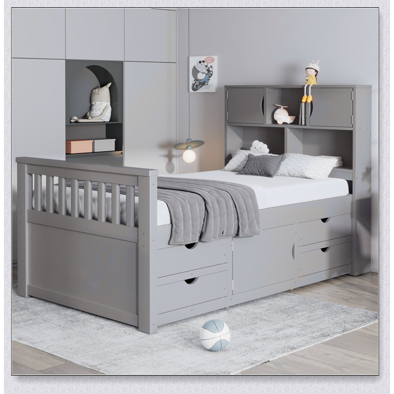 Captain Platform Bed Frame With Storage Bookcases And Shelves,Four Drawers, Gray