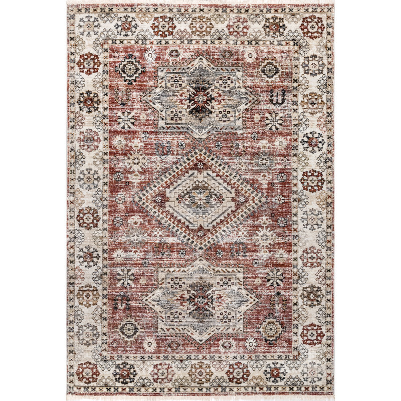 Deandra Distressed Vintage Medallion Bordered Area Rug, Rectangle 4' x 6'