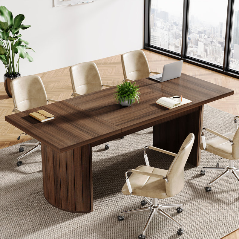 6.56FT Rectangle Conference Table, 78.74" Meeting Table With Double Base, Modular Seminar Table, Walnut