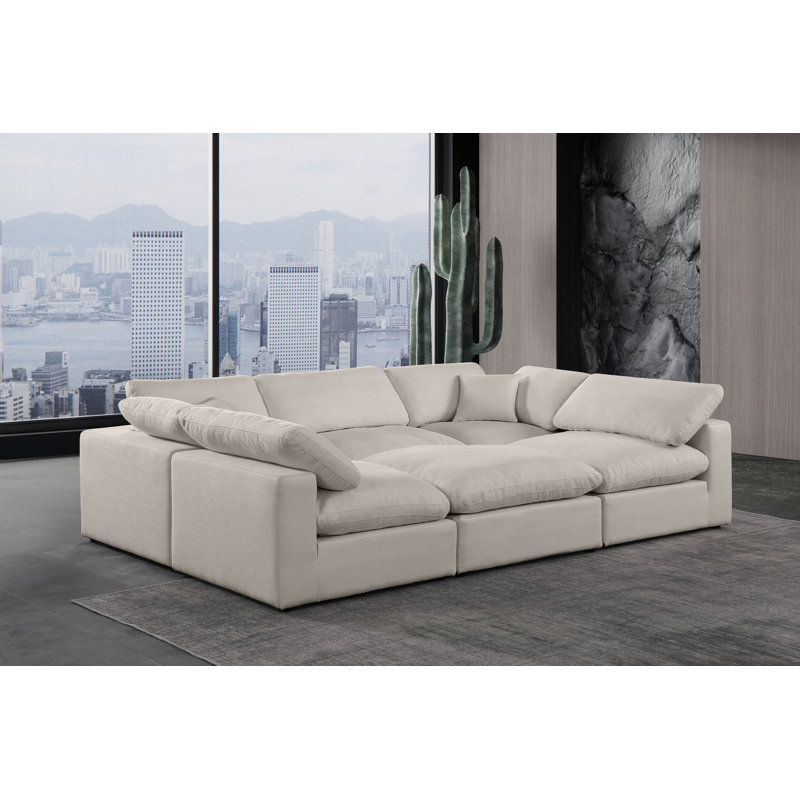 Husnein Upholstered U-Shaped Sectional Reversible, Beige Linen Textured Fabric
