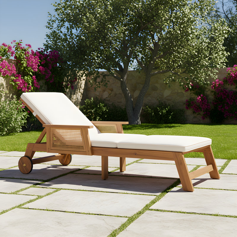 Chaise longue de patio en bois d'acacia Tomsich avec roulettes et dossier réglable, 1
