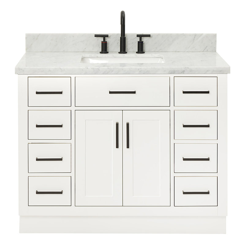Thornaby 42'' Solid Wood Single Bathroom Vanity with 1.5'' Carrara Marble Top, Rectangular, White / Matte Black
