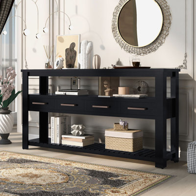 Grande table d'entrée de 62,2 po avec 4 tiroirs, console peinte avec tablettes ouvertes à 3 niveaux et poignées en métal, table de canapé d'entrée polyvalente pour le salon, la chambre à coucher, le vestibule et la cuisine