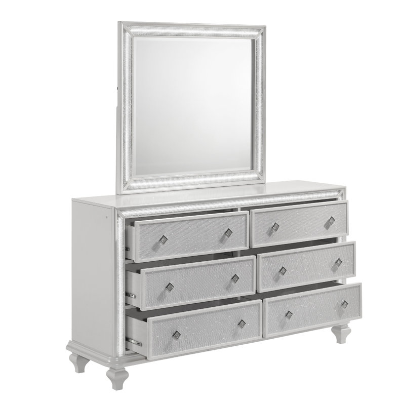 Miroir de commode Stacy, bois blanc, éclairage à DEL intégré, 39 x 41
