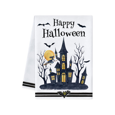 Halloween Polyester Kitchen Towel, Spooky Castle Black Cats Pumpkin Fall Holiday Decor, 23.6x15.7in Black