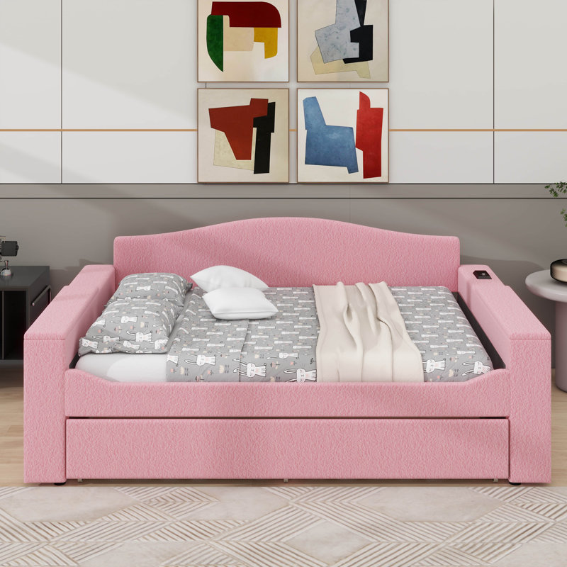 Lit de jour rembourré avec couchette, Beige, Lit double