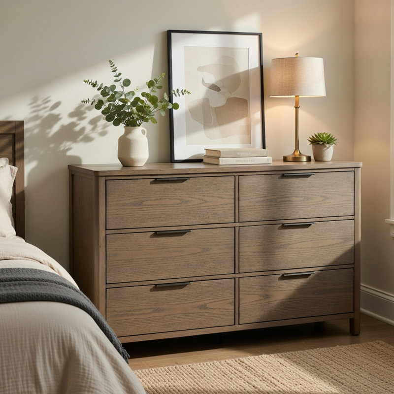 Commode large Dely, 6 tiroirs, poignées à bords chromés, gris rustique moderne