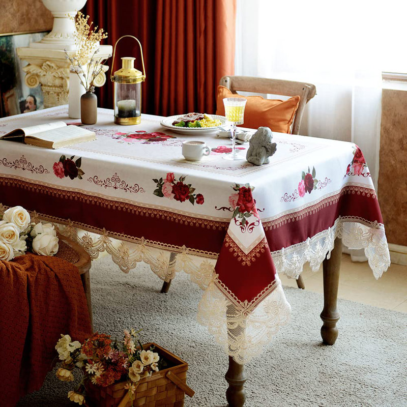 Burgundy and White Lace Embroidered Rectangular Tablecloth