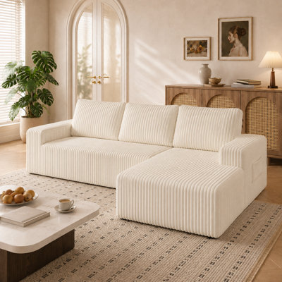 Canapé modulaire en forme de L en flanelle désossée avec siège profond, choix de méridienne orientée à droite, double poches latérales, aucun assemblage requis