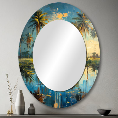 Green Palm Trees Serenity II - Grand miroir mural ovale sur métal