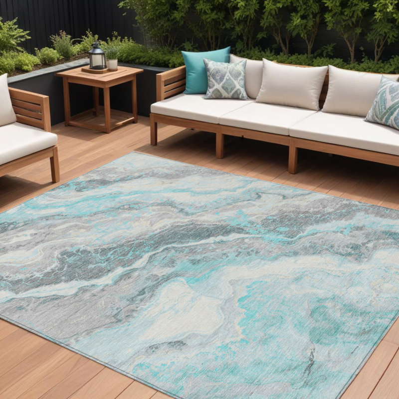 Tapis d'extérieur lavable abstrait bleu sarcelle 8 pi x 10 pi bleu et argent