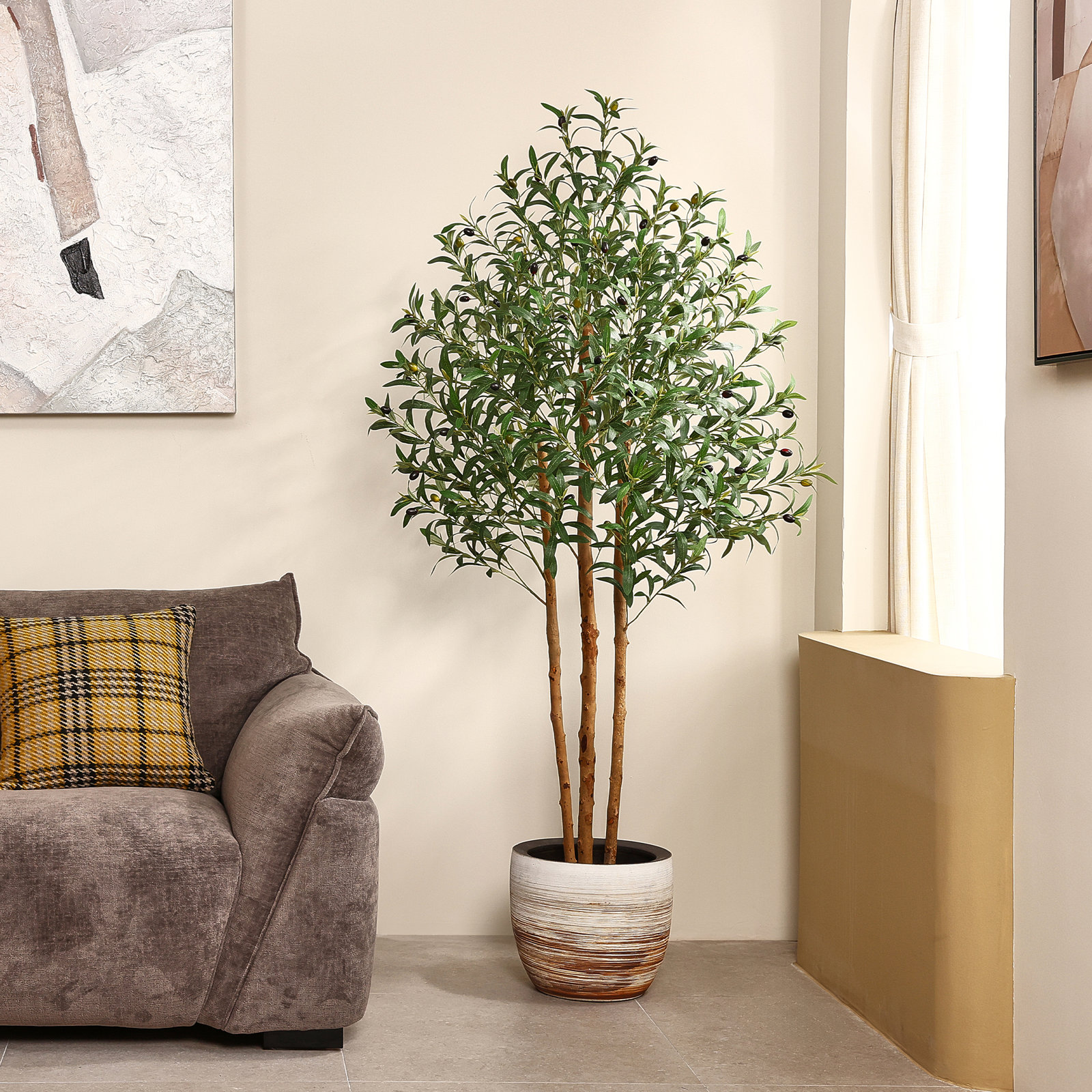 Artificial Olive Tree, Faux Olive Tree, Olive Tree Artificial, Fake Olive Tree, Tall Artificial Olive Tree - Potted Indoor Decor for Home Office - 5ft/6ft/7ft Tall Wood Trunk, Bendable Branches, Leaves & Lifelike Fruit for Living Room Entryway Corner