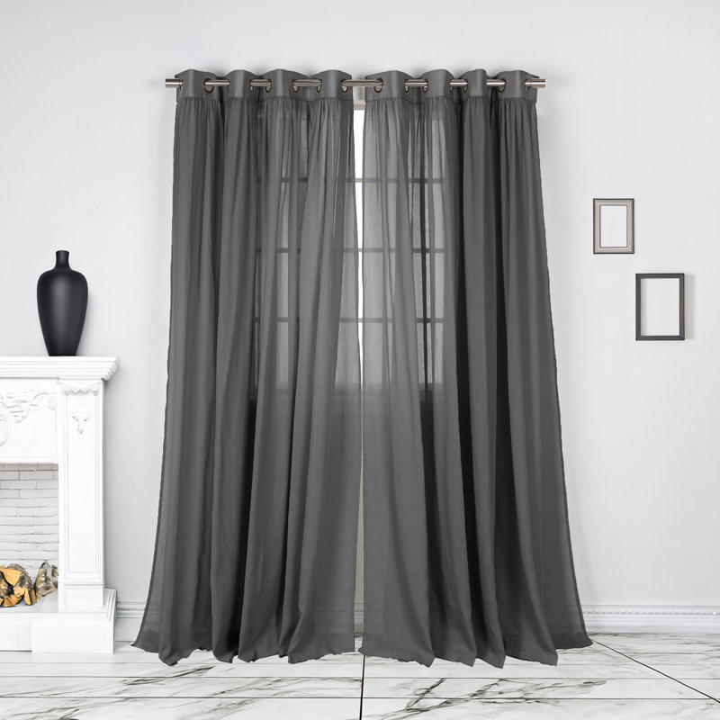 Gathered Linen-Textured Grommet Semi-Sheer Curtains (Set Of 2), Dark Gray, 52" W x 84" L