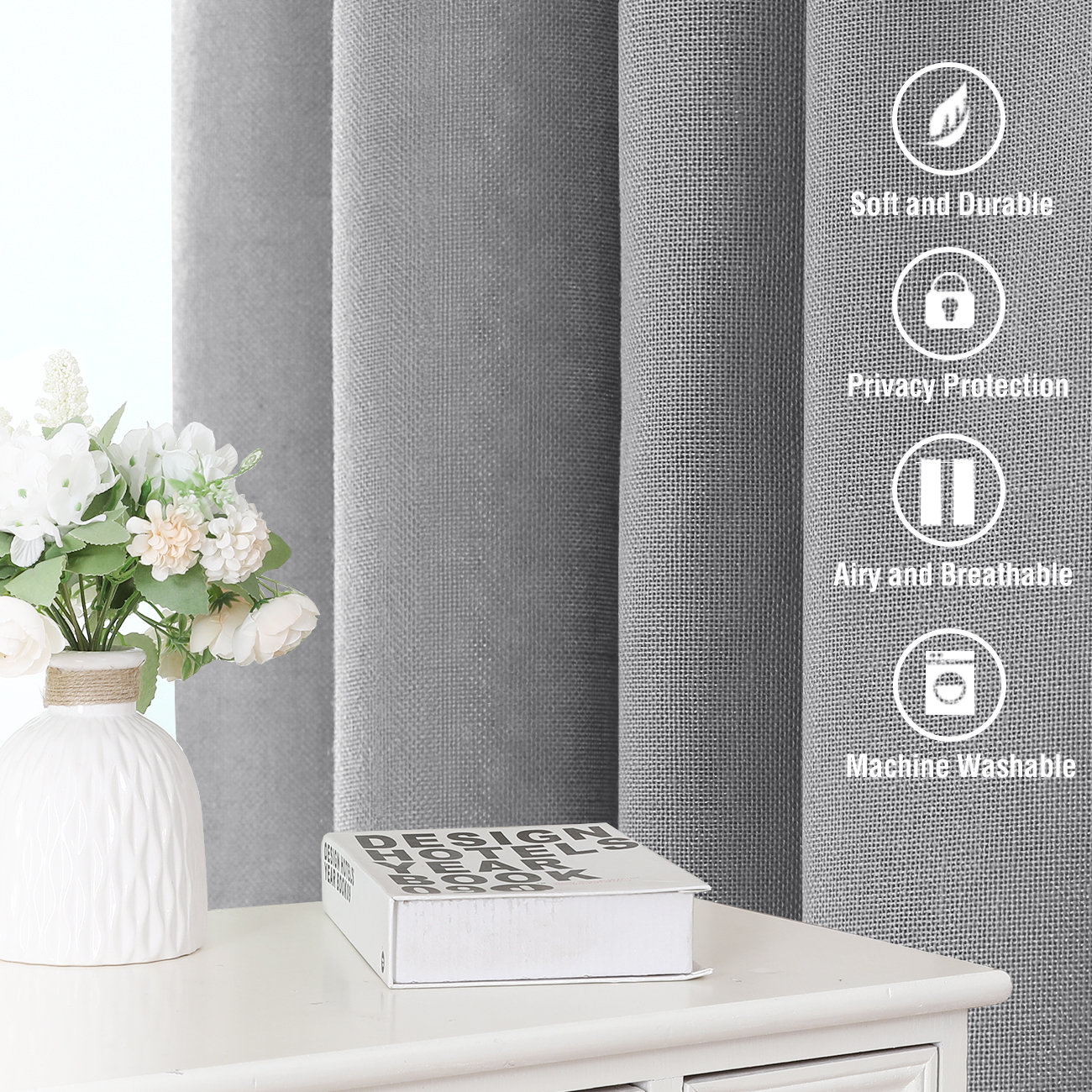 Linen Semi-Sheer Curtain Panel Set, 52" W x 96" L, Dove