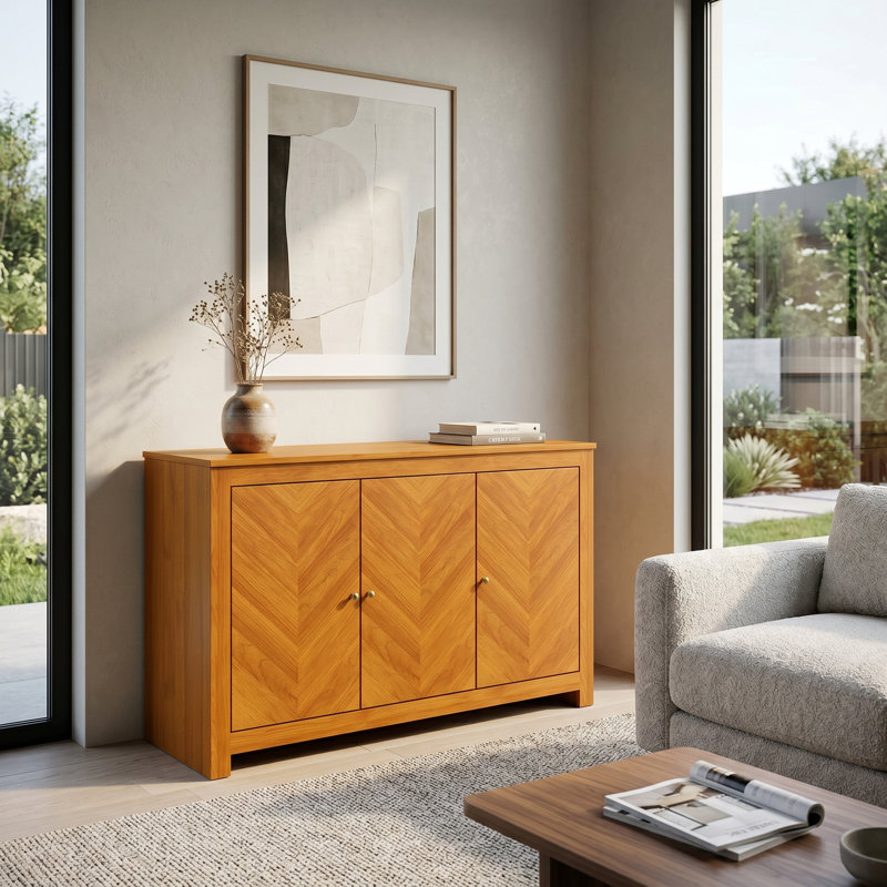 Aleshire Modern 44.3" 3 Door Chevron Pattern Sideboard with Storage, Amber Walnut