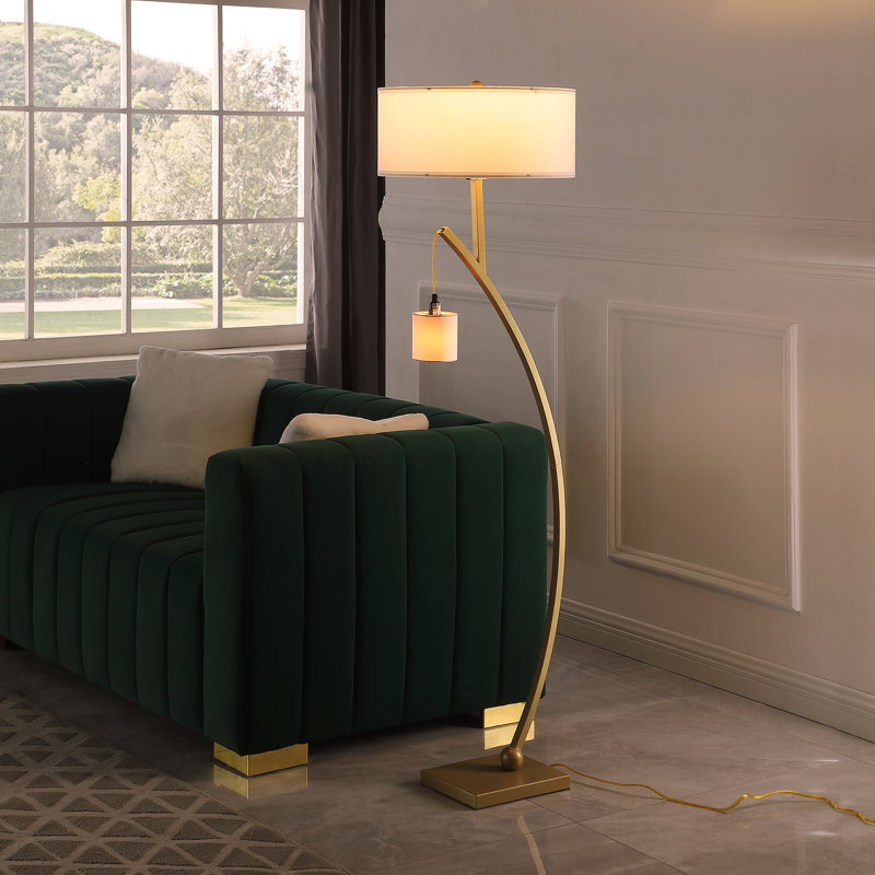 59" In Contemporary Dual Gold Arc W/ Hanging Pendelum Lamp Metal Floor Lamp, Gold