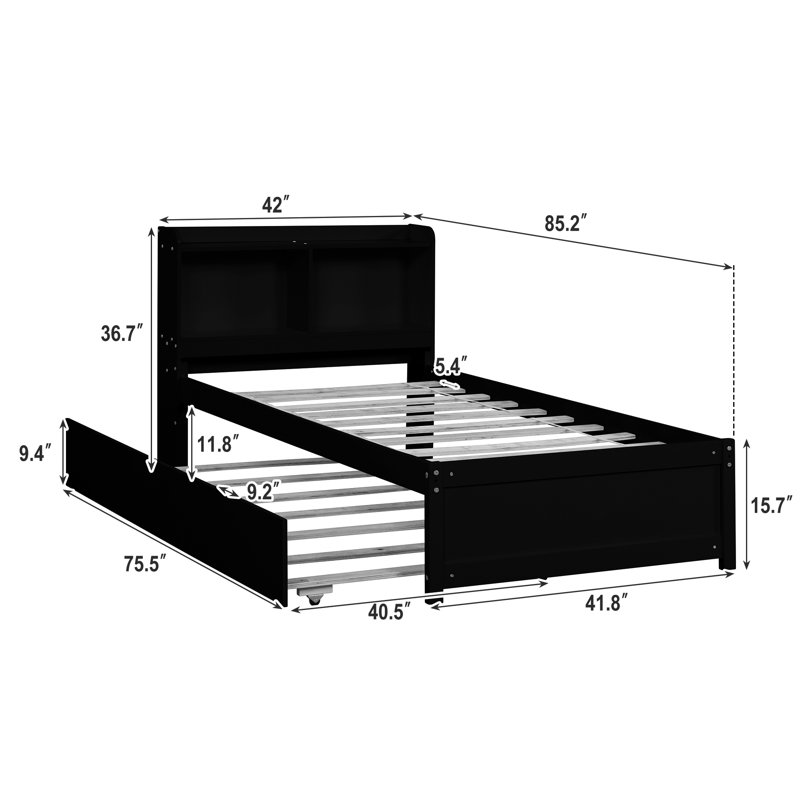 Teen Bed Platform Standard Bed With Bookcase And Twin Trundle, White, Twin