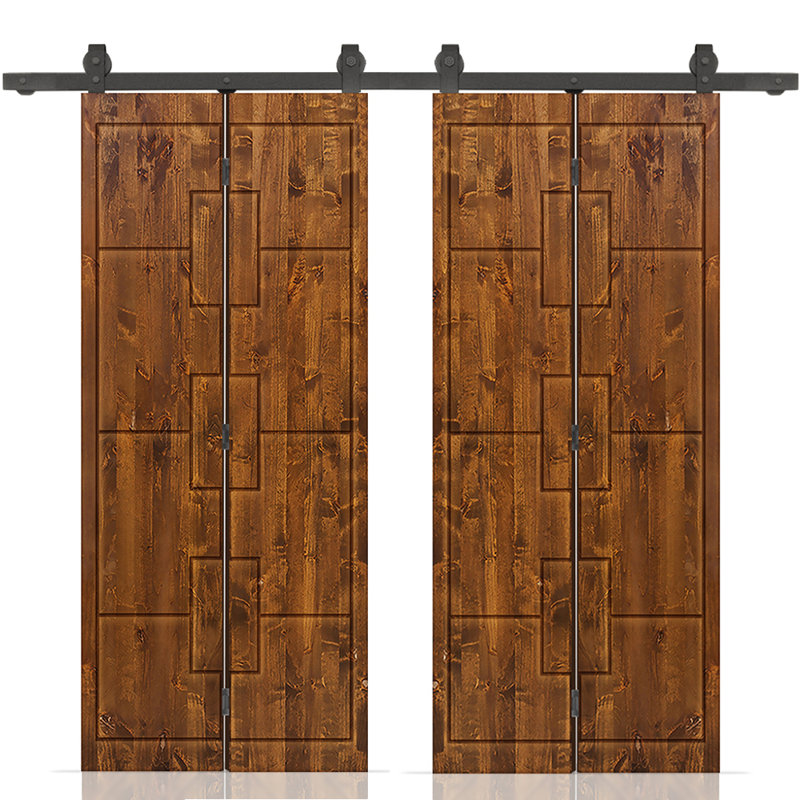 Porte de grange double pliante en bois de pin teinté avec quincaillerie coulissante, Noyer, 56 po x 80 po